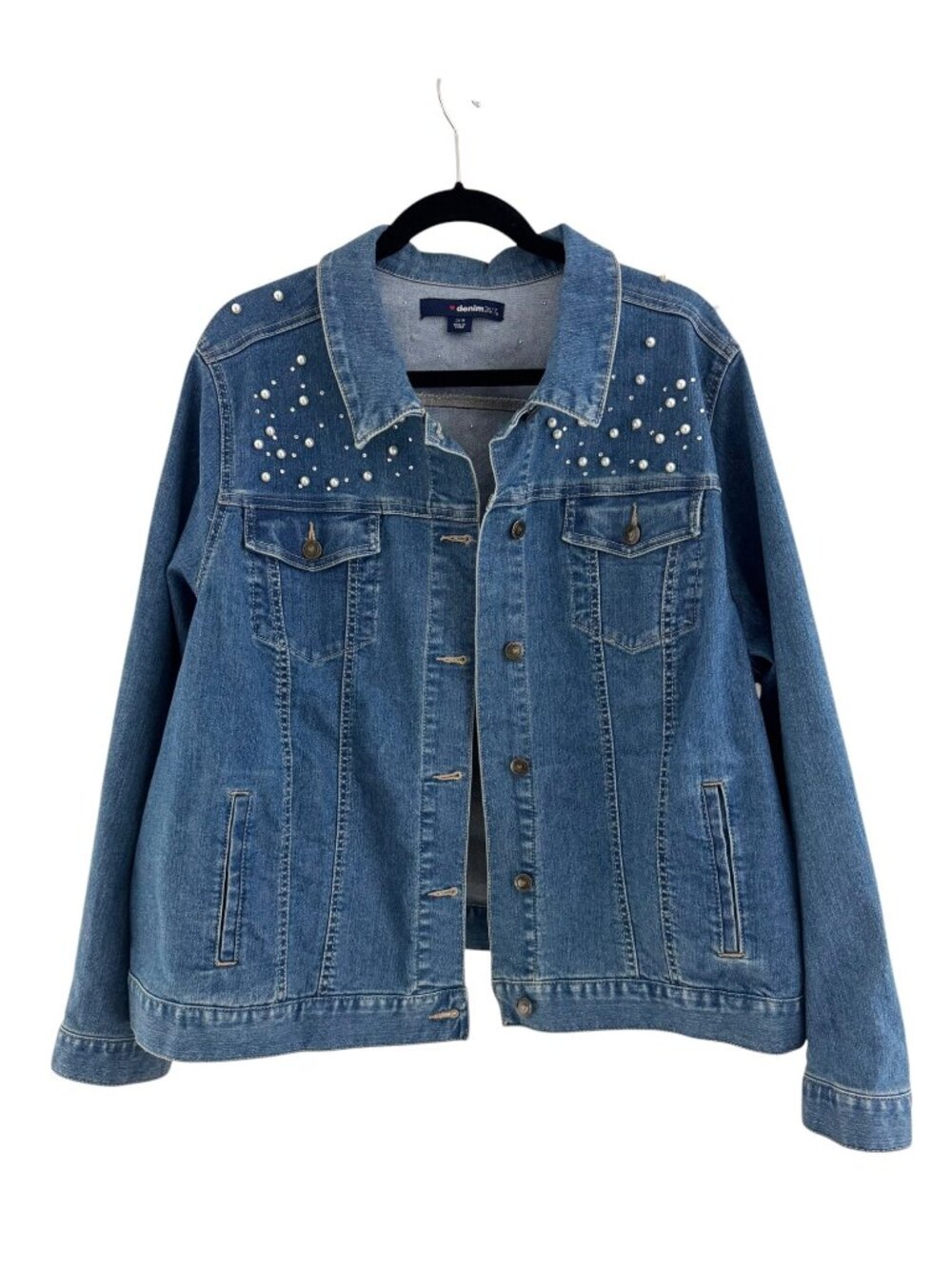 Denim 24/7 Jean‎ Jacket Faux Pearls Rhinestones Pockets Size 24W Bride Wedding